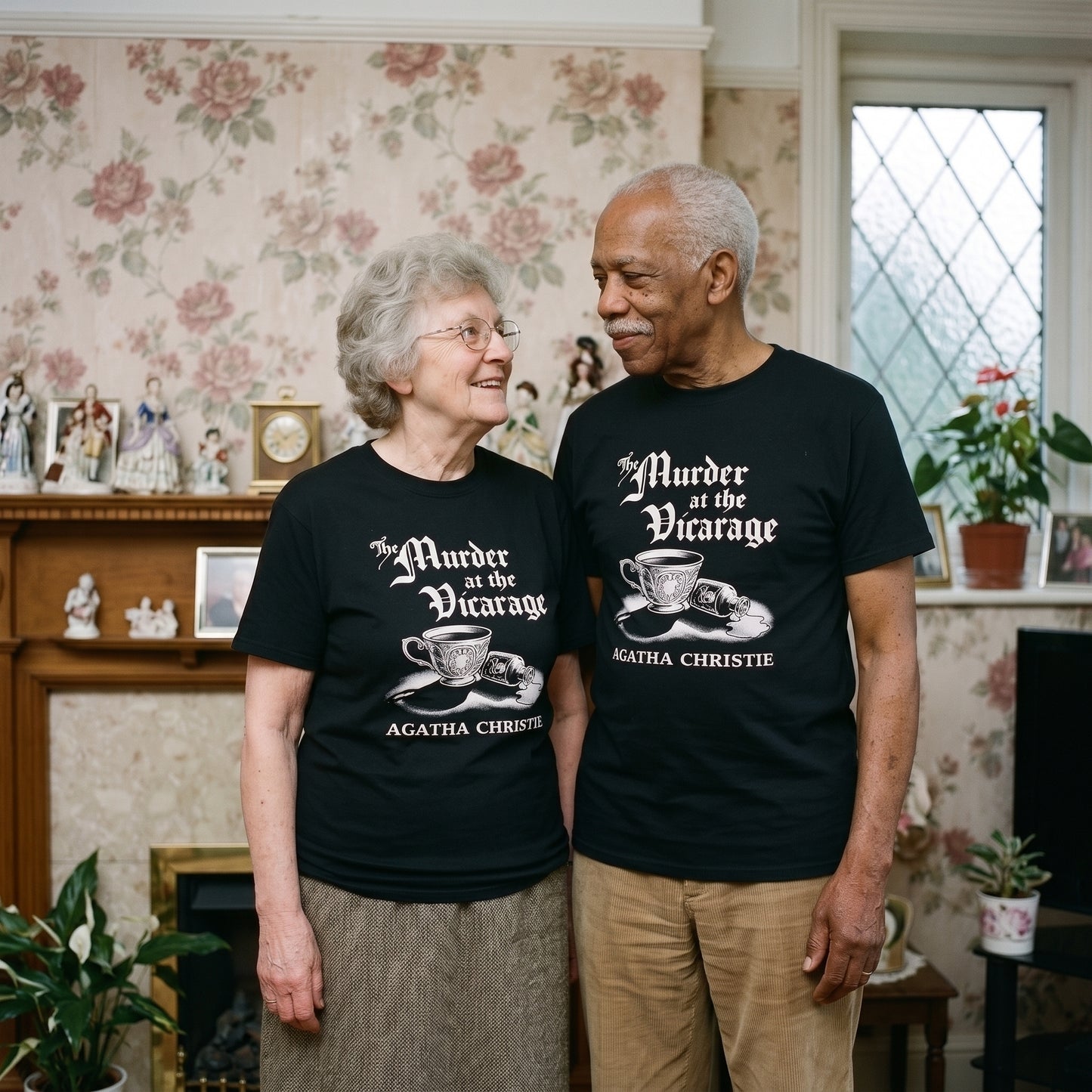 Two models wearing the Murder at the Vicarage Agatha Christie black graphic tee