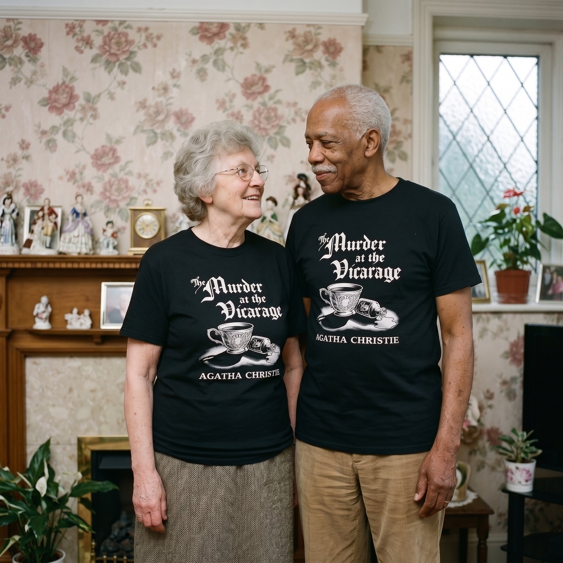 Two models wearing the Murder at the Vicarage Agatha Christie black graphic tee