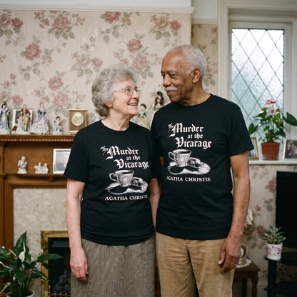 Two models wearing the Murder at the Vicarage Agatha Christie black graphic tee
