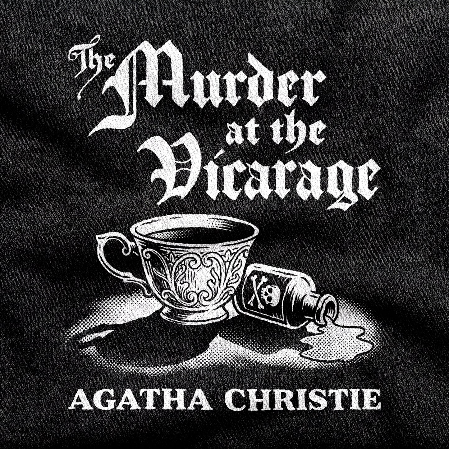Murder at the Vicarage Agatha Christie design printed on a black cotton tee, close-up