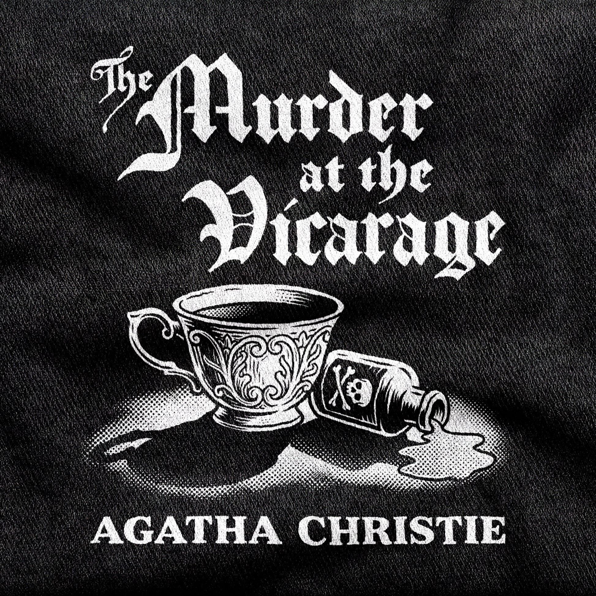 Murder at the Vicarage Agatha Christie design printed on a black cotton tee, close-up