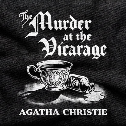 Murder at the Vicarage Agatha Christie design printed on a black cotton tee, close-up