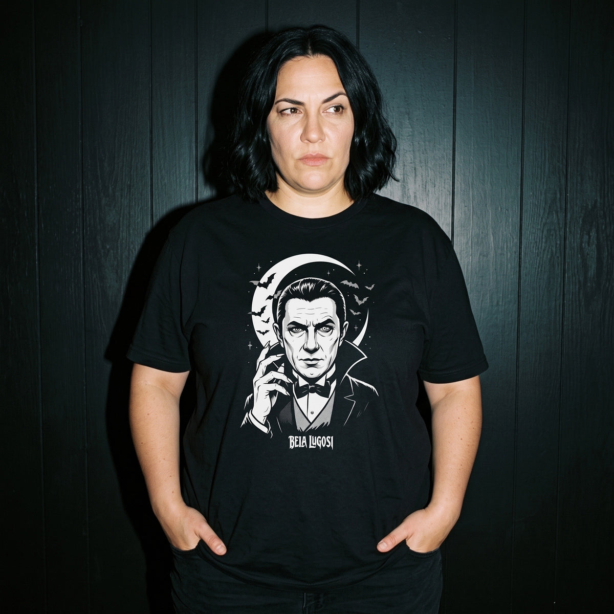 Woman wearing the Bela Lugosi black graphic tee