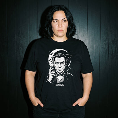 Woman wearing the Bela Lugosi black graphic tee