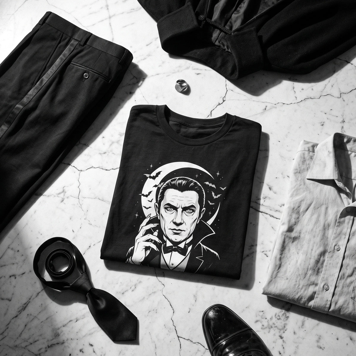 Bela Lugosi black graphic tee styled in a flat lay with matching pieces