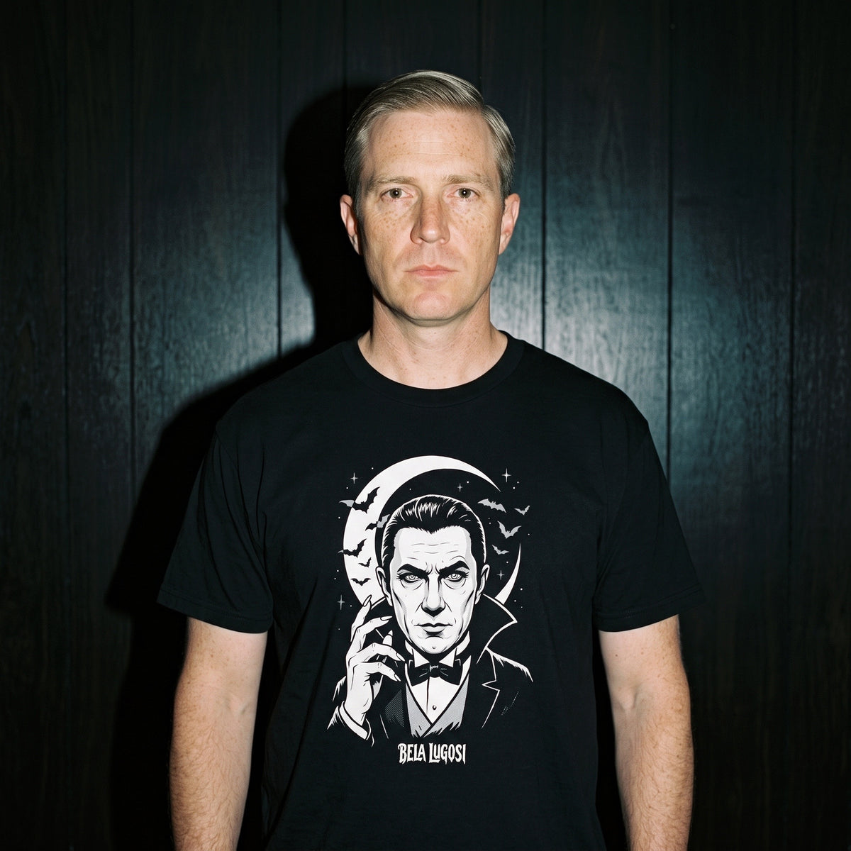 Man wearing the Bela Lugosi black graphic tee