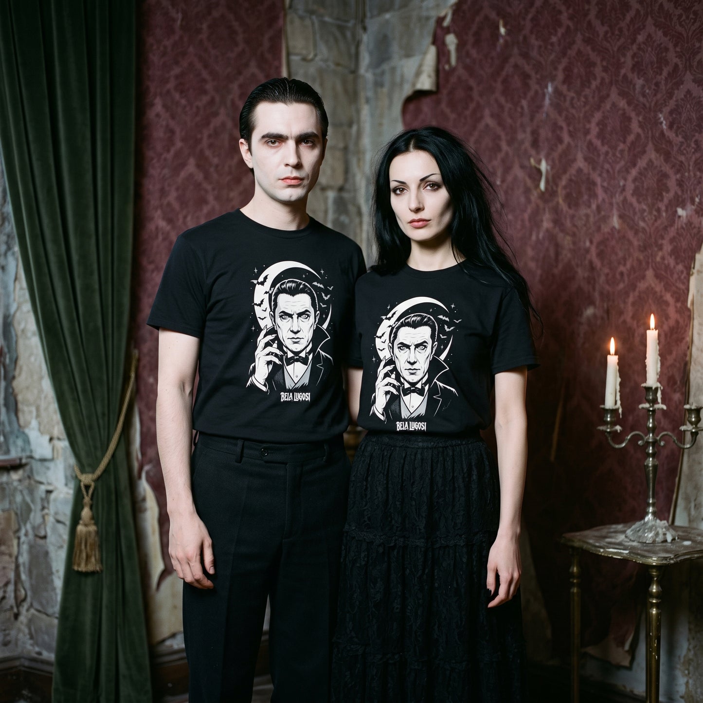 Two models wearing the Bela Lugosi black graphic tee