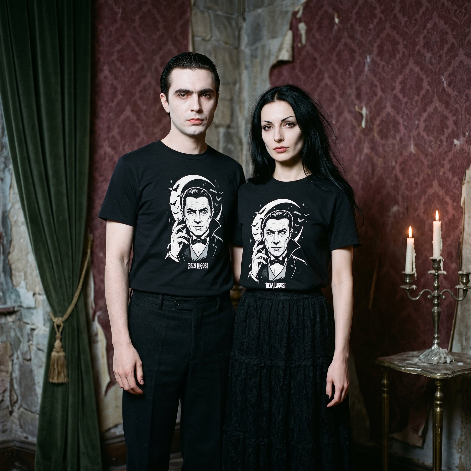 Two models wearing the Bela Lugosi black graphic tee