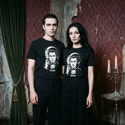 Two models wearing the Bela Lugosi black graphic tee