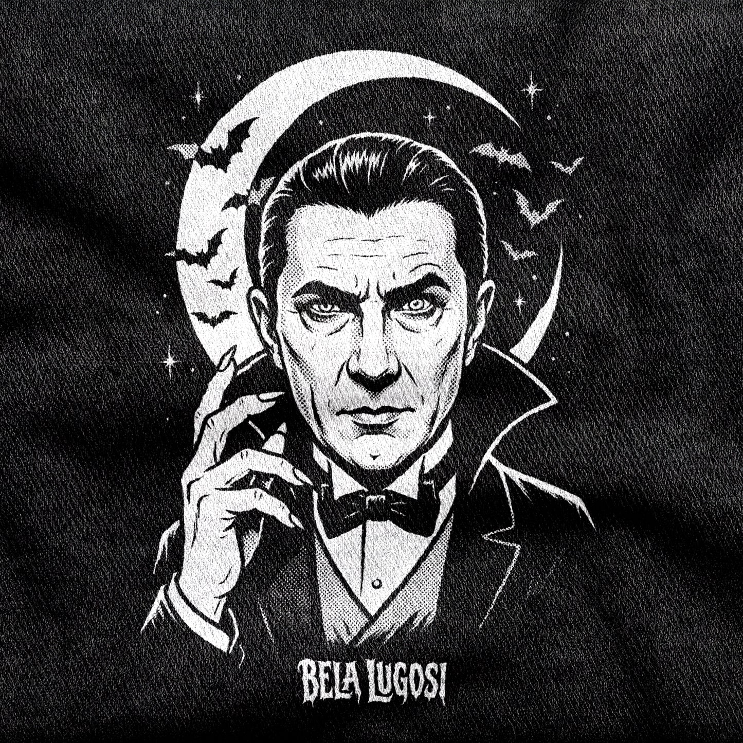 Bela Lugosi design printed on a black cotton tee, close-up