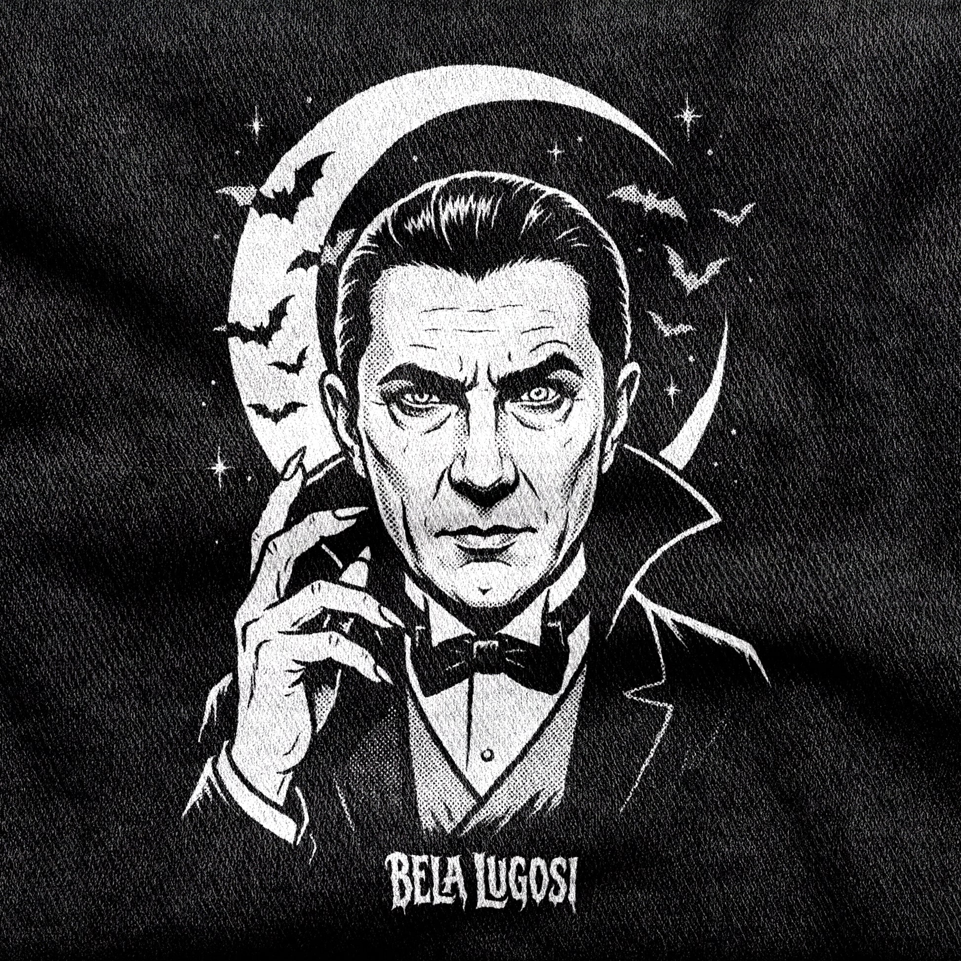 Bela Lugosi design printed on a black cotton tee, close-up