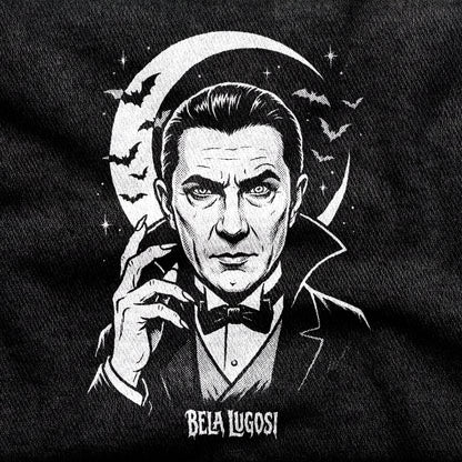 Bela Lugosi design printed on a black cotton tee, close-up
