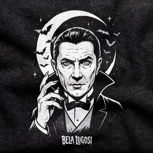 Bela Lugosi design printed on a black cotton tee, close-up