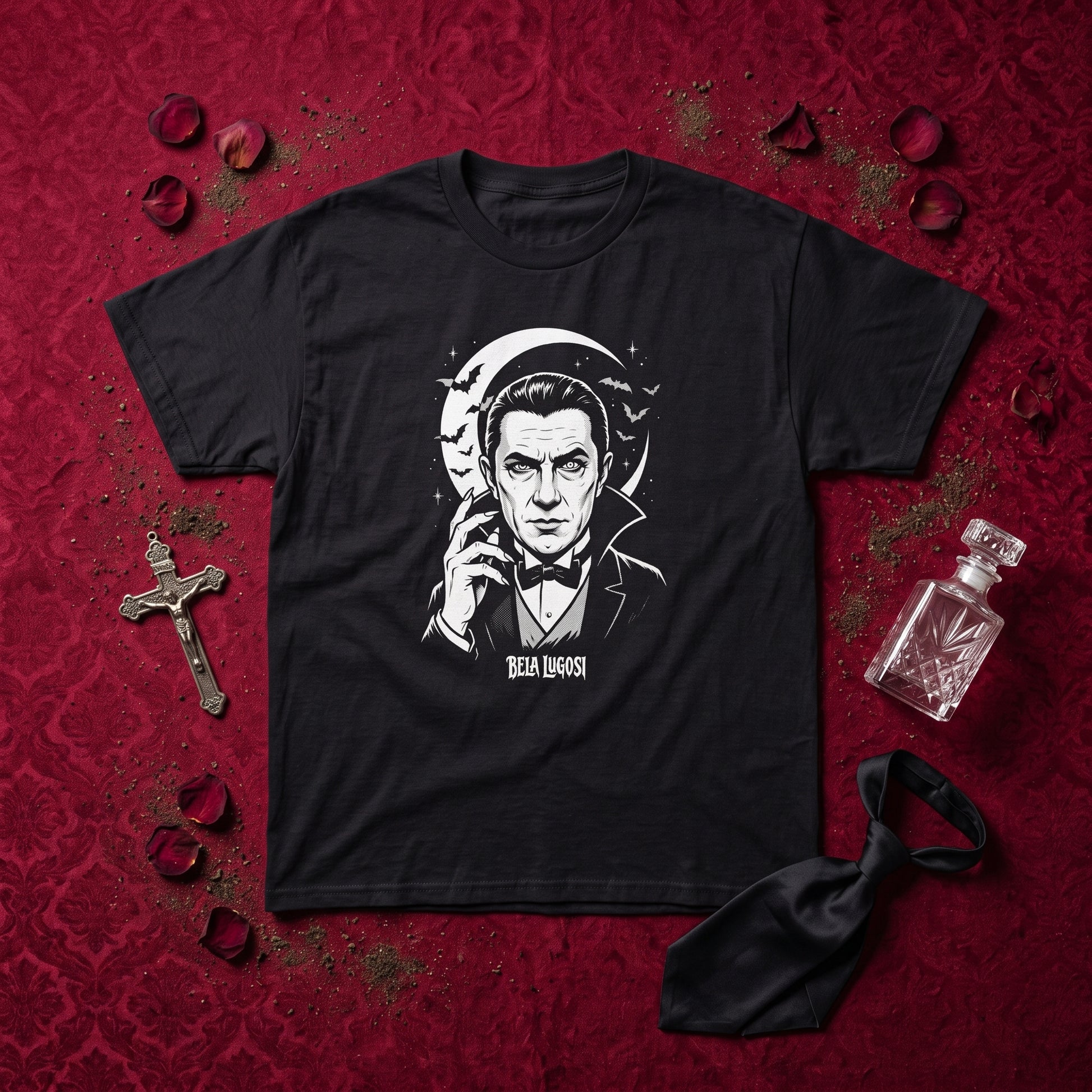Bela Lugosi black graphic tee, styled flat lay