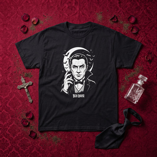 Bela Lugosi black graphic tee, styled flat lay