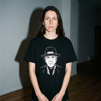 Woman wearing the Leonard Cohen black graphic tee