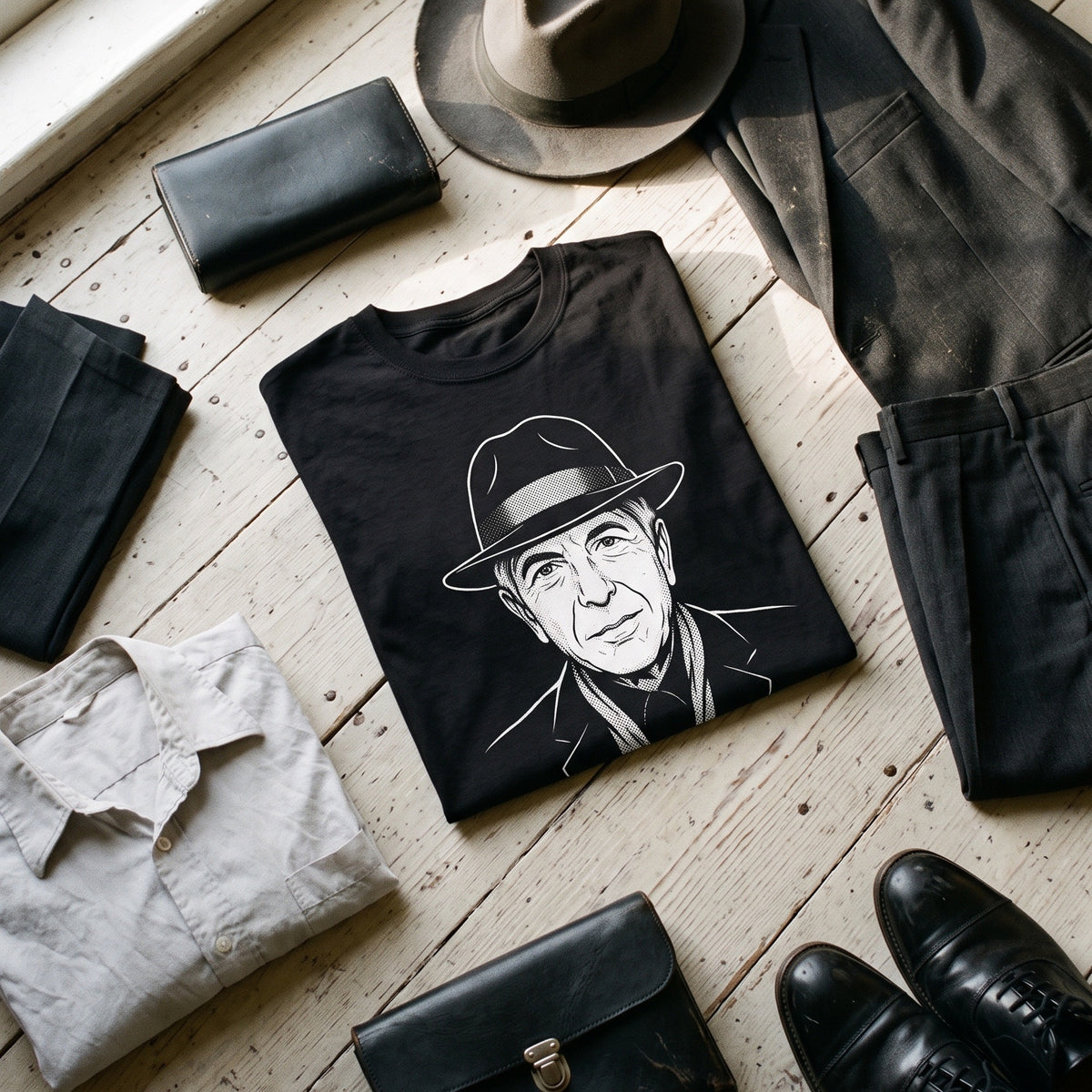 Leonard Cohen black graphic tee styled in a flat lay with matching pieces