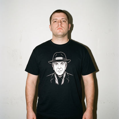 Man wearing the Leonard Cohen black graphic tee