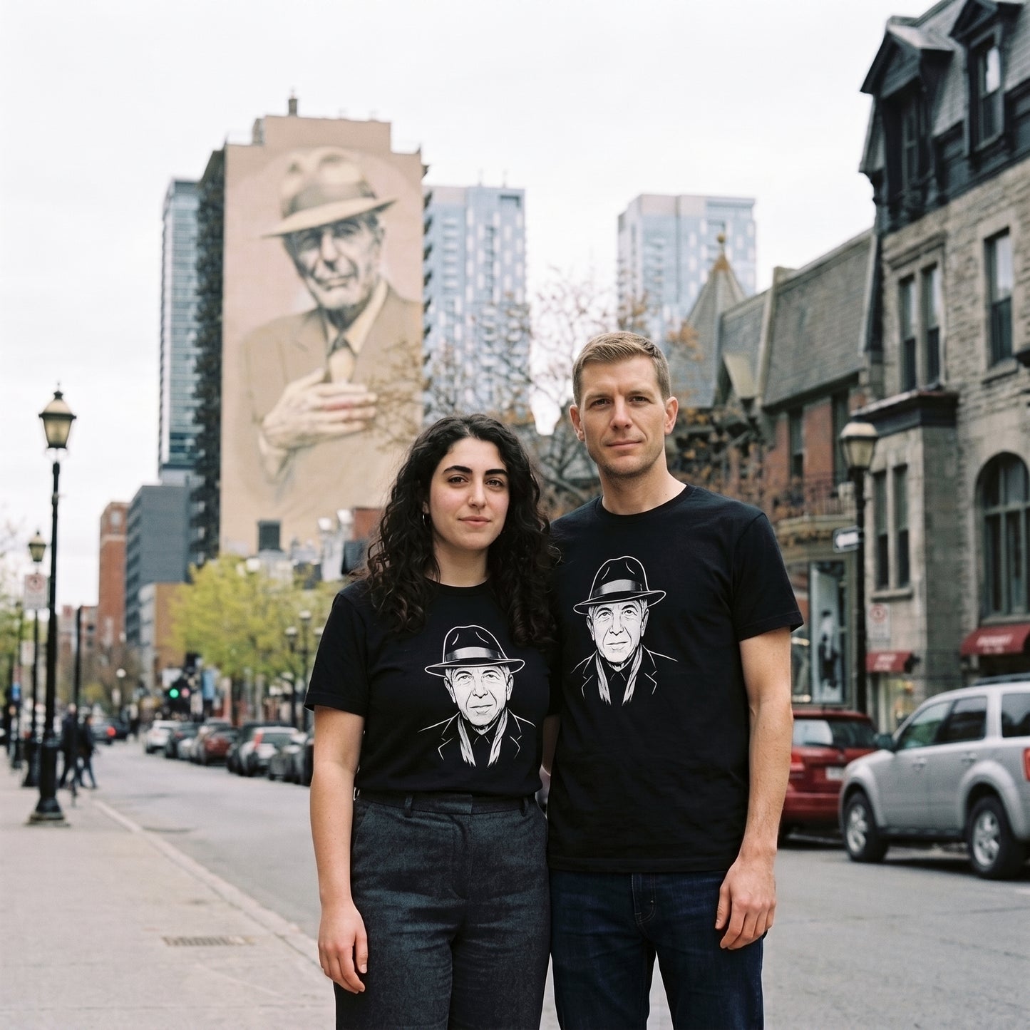 Two models wearing the Leonard Cohen black graphic tee