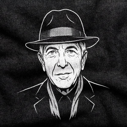 Leonard Cohen design printed on a black cotton tee, close-up
