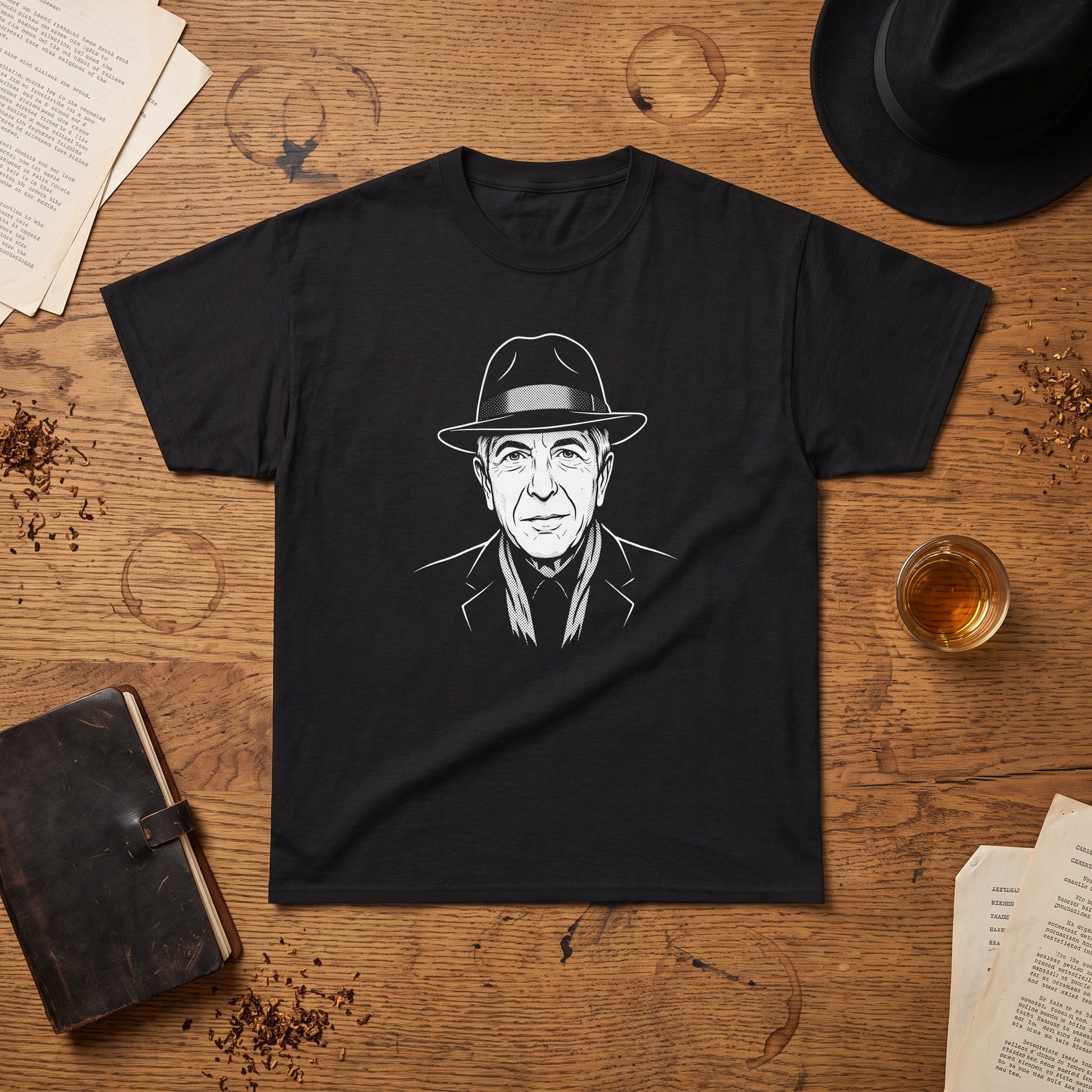 Leonard Cohen black graphic tee, styled flat lay