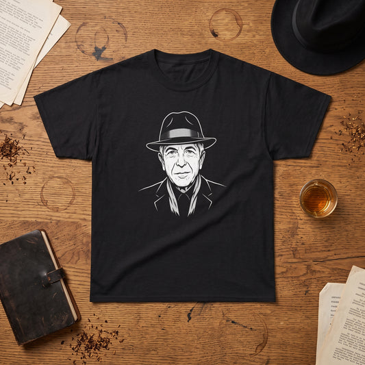 Leonard Cohen black graphic tee, styled flat lay