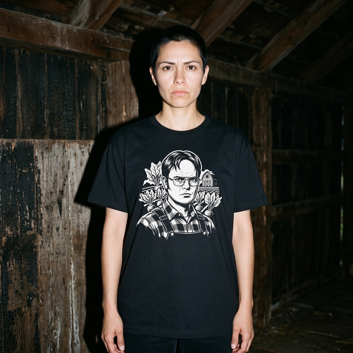 Woman wearing the Dwight Schrute black graphic tee