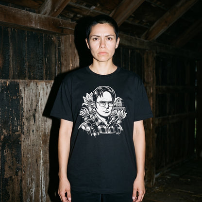 Woman wearing the Dwight Schrute black graphic tee