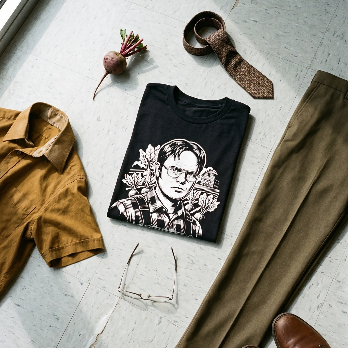 Dwight Schrute black graphic tee styled in a flat lay with matching pieces