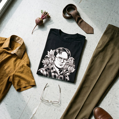 Dwight Schrute black graphic tee styled in a flat lay with matching pieces