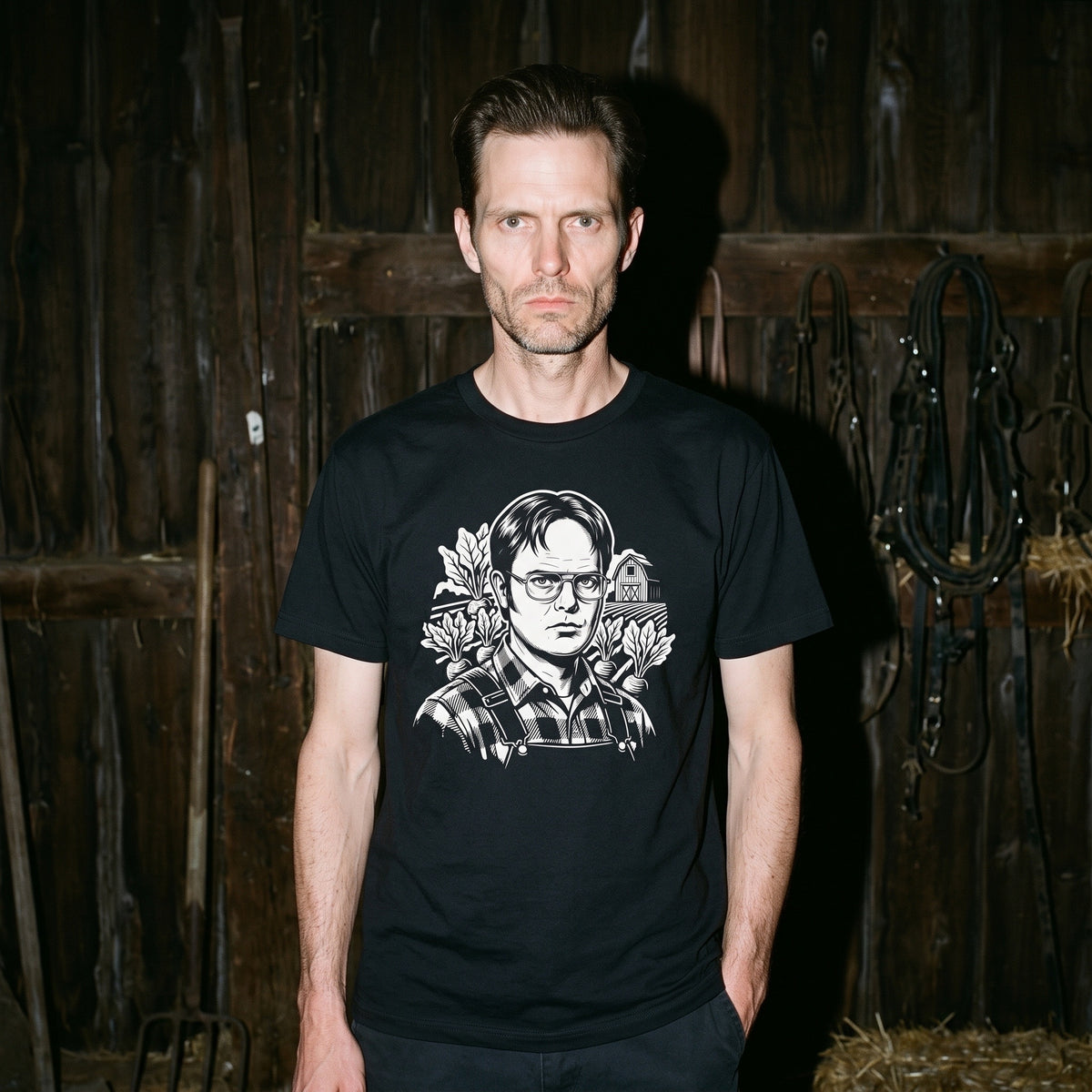 Man wearing the Dwight Schrute black graphic tee