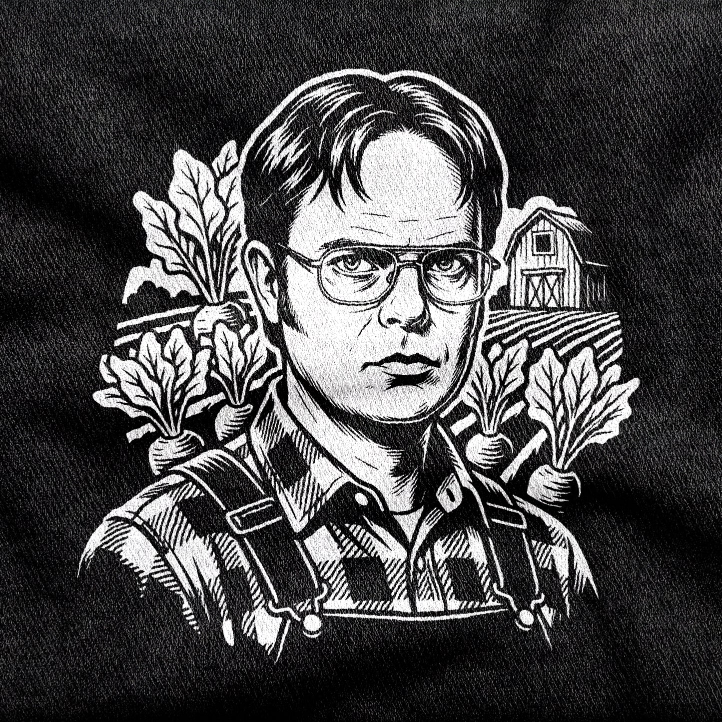 Dwight Schrute design printed on a black cotton tee, close-up