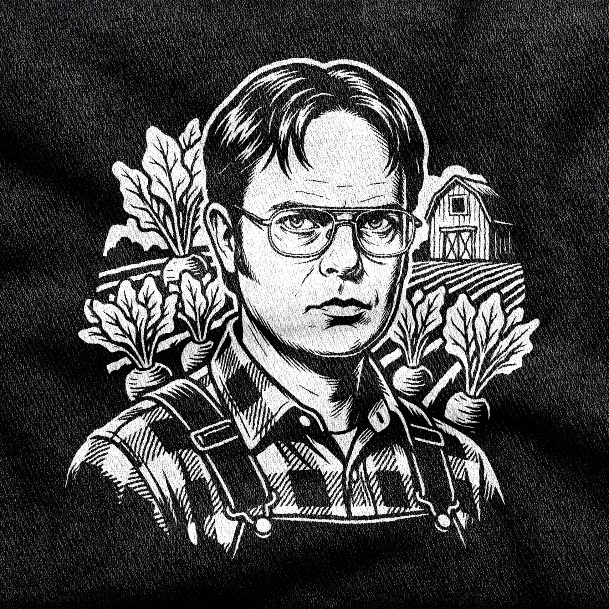Dwight Schrute design printed on a black cotton tee, close-up