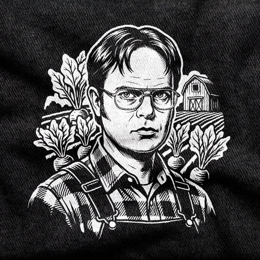 Dwight Schrute design printed on a black cotton tee, close-up