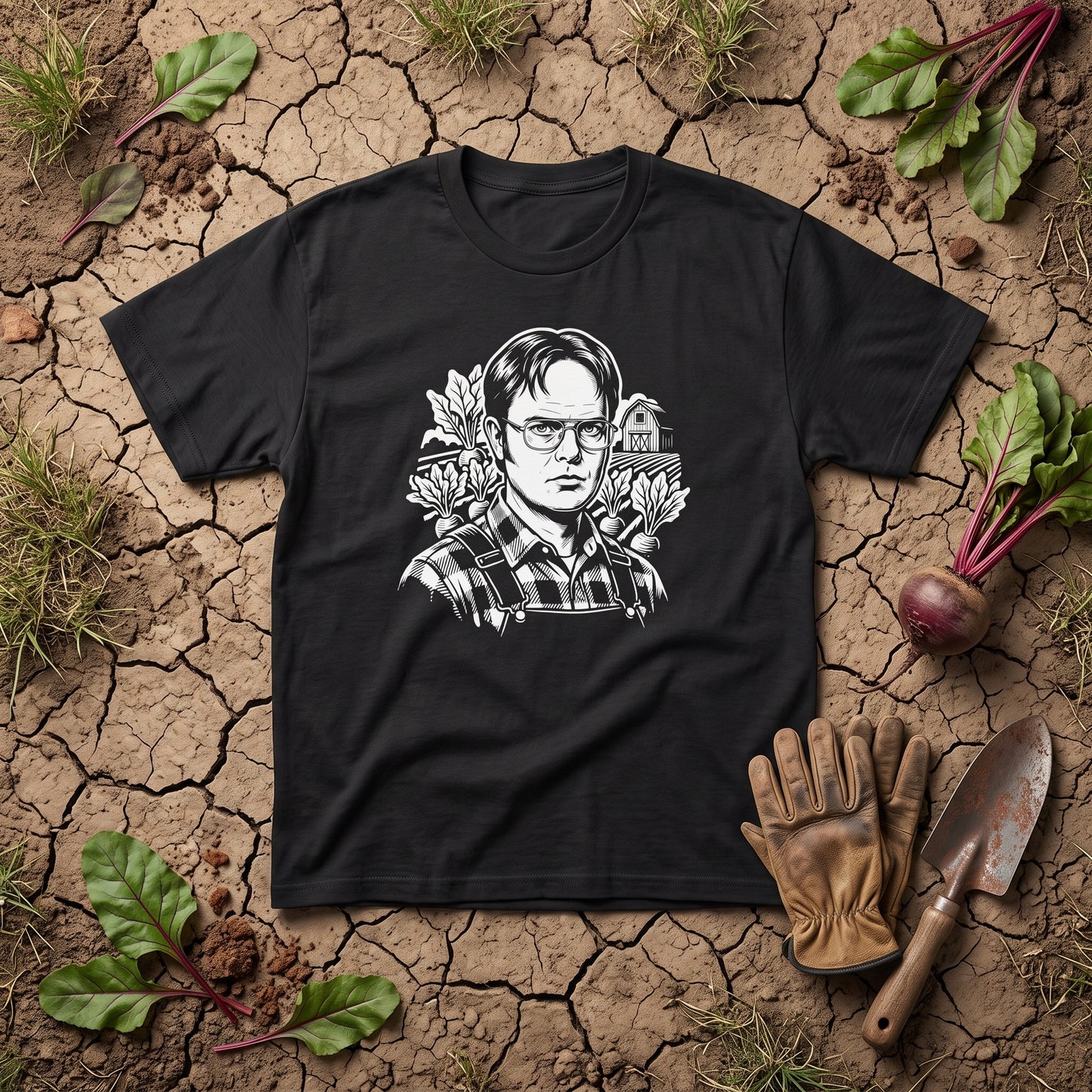 Dwight Schrute black graphic tee, styled flat lay