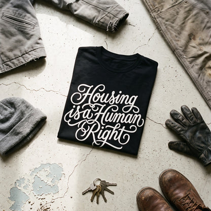 Housing is a Human Right black graphic tee styled in a flat lay with matching pieces