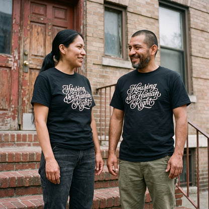 Two models wearing the Housing is a Human Right black graphic tee