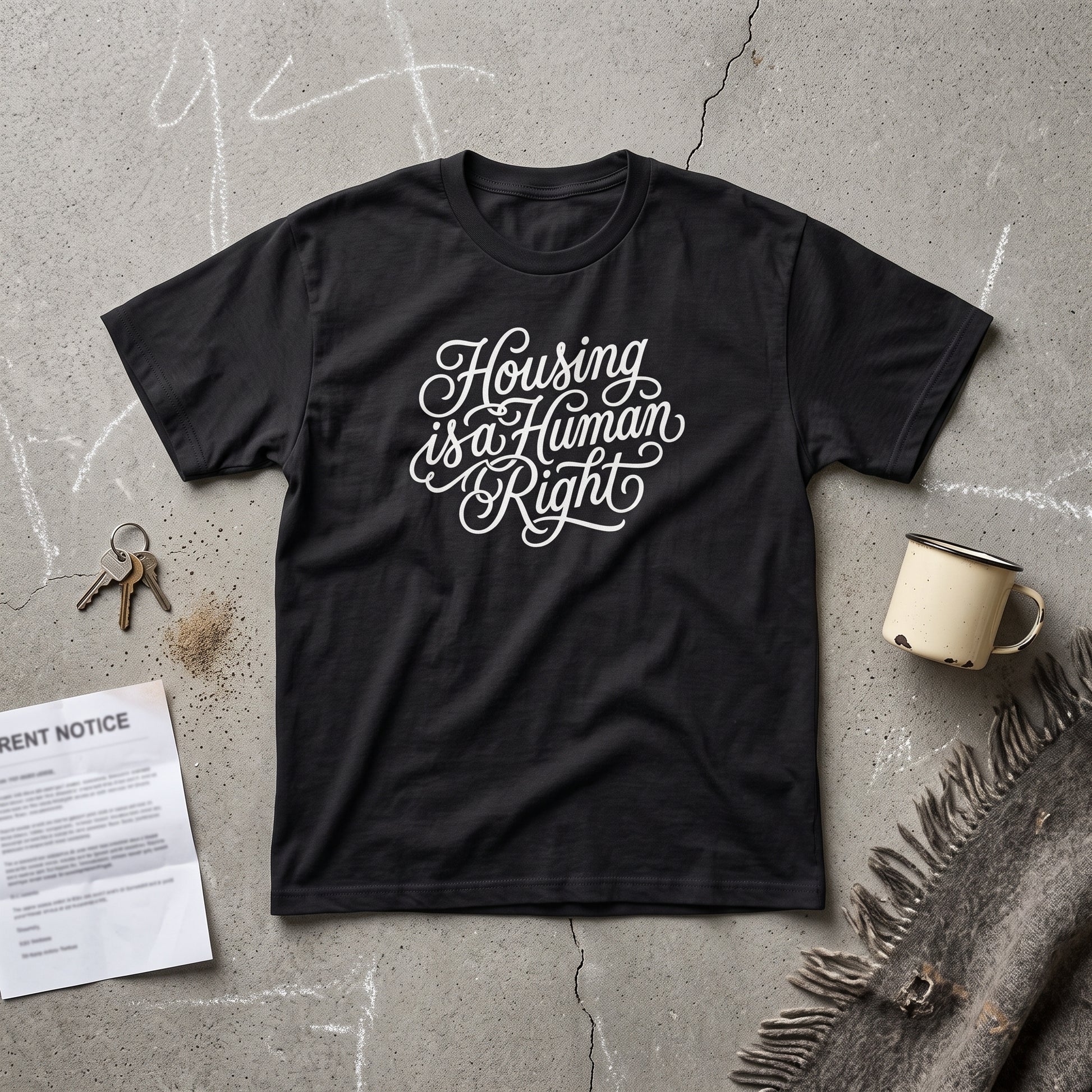 Housing is a Human Right black graphic tee, styled flat lay