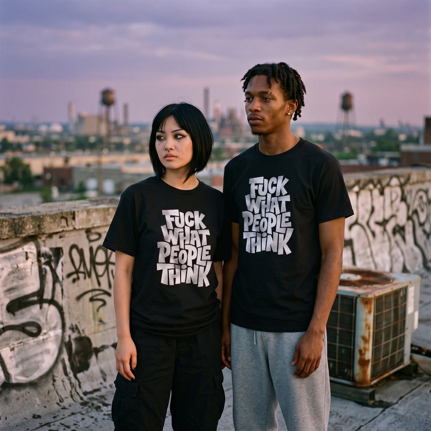 Two models wearing the Fuck What People Think black graphic tee
