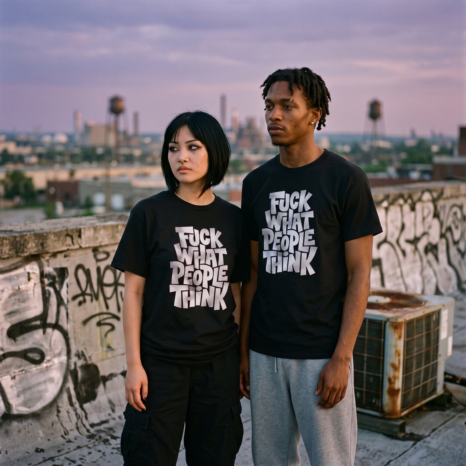 Two models wearing the Fuck What People Think black graphic tee