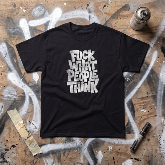 Fuck What People Think black graphic tee, styled flat lay