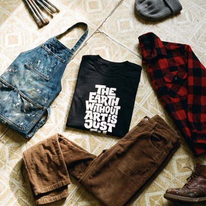 The Earth Without Art is Just Eh black graphic tee styled in a flat lay with matching pieces