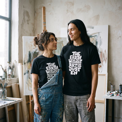 Two models wearing the The Earth Without Art is Just Eh black graphic tee