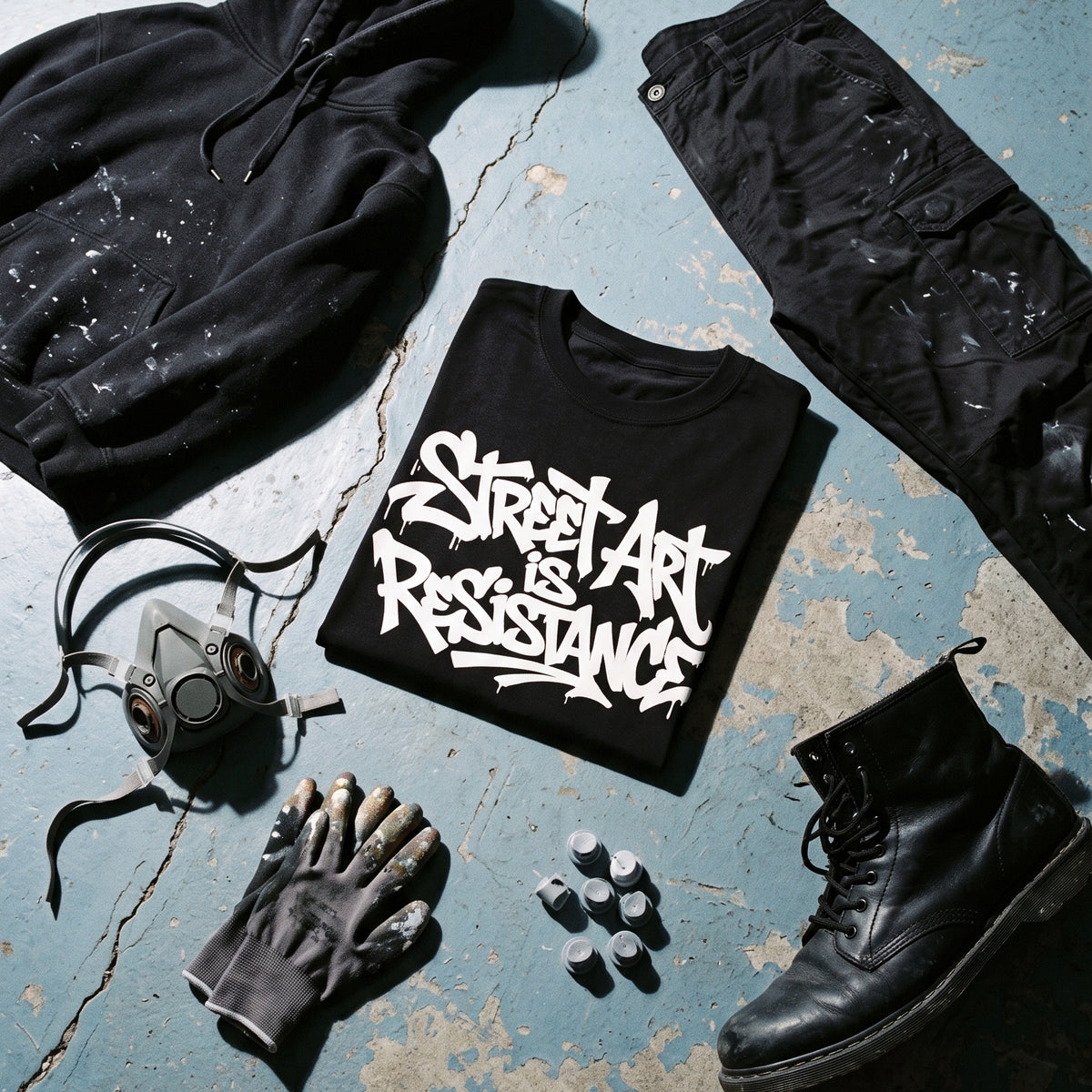Street Art is Resistance black graphic tee styled in a flat lay with matching pieces