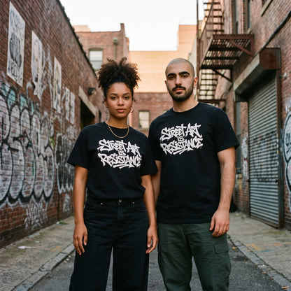 Two models wearing the Street Art is Resistance black graphic tee