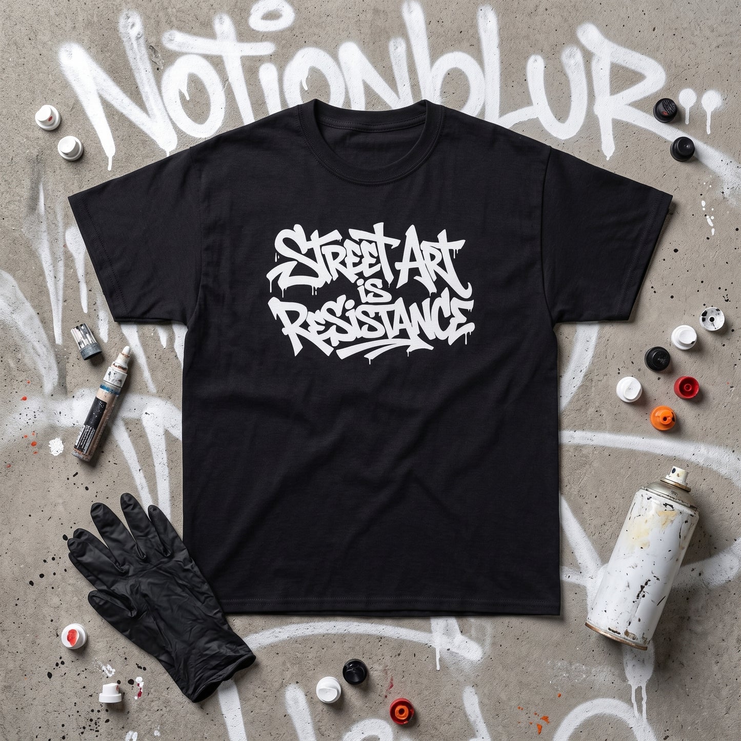 Street Art is Resistance black graphic tee, styled flat lay
