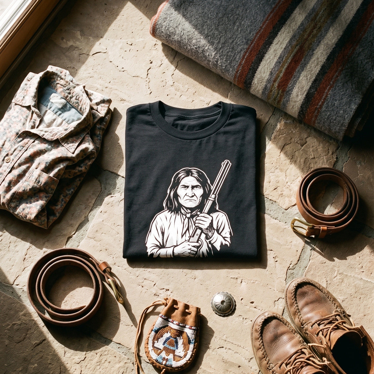 Geronimo black graphic tee styled in a flat lay with matching pieces