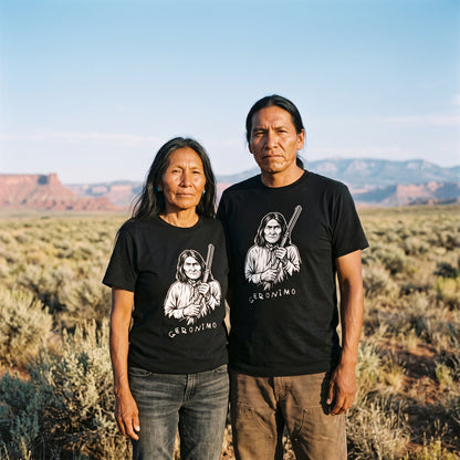 Two models wearing the Geronimo black graphic tee