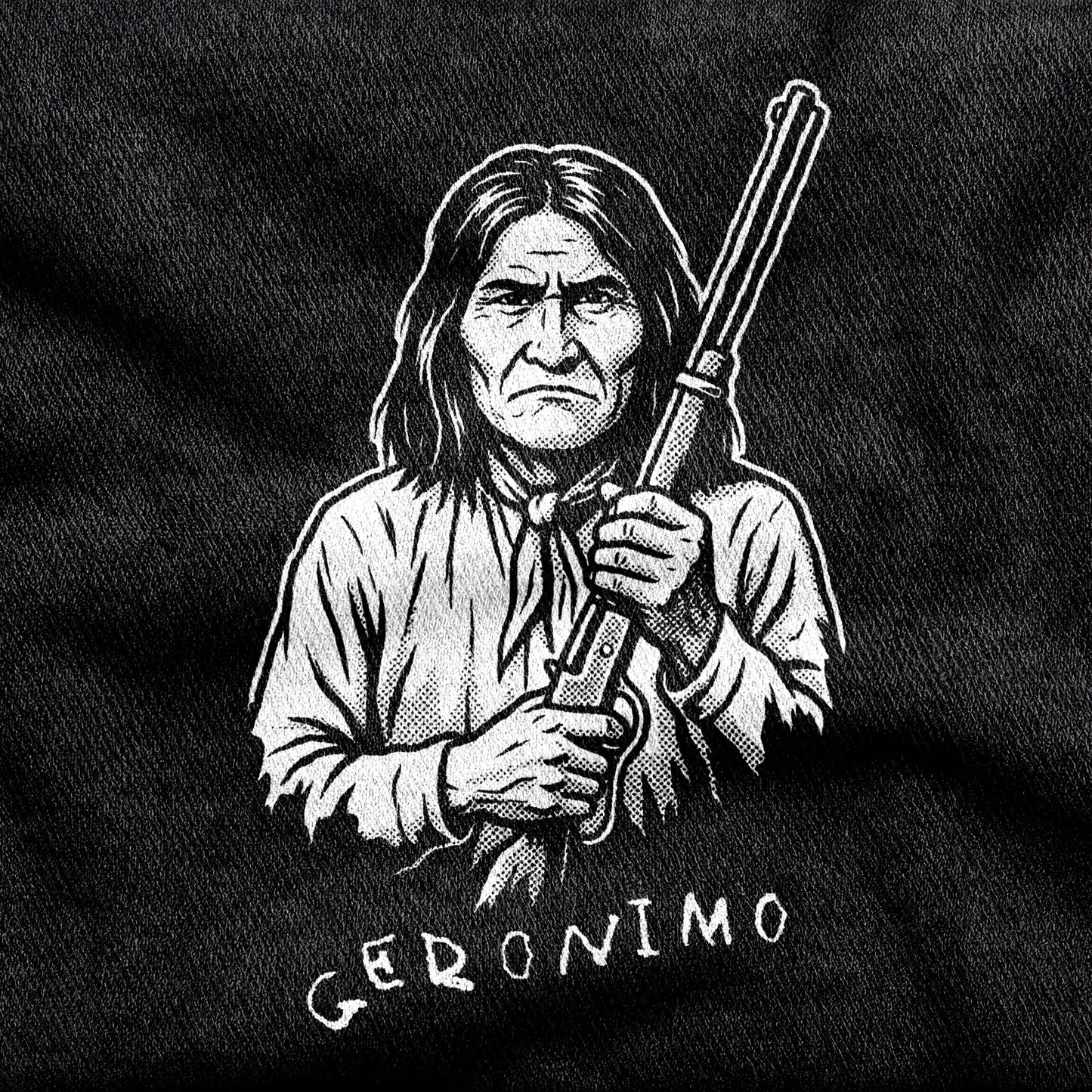 Geronimo design printed on a black cotton tee, close-up