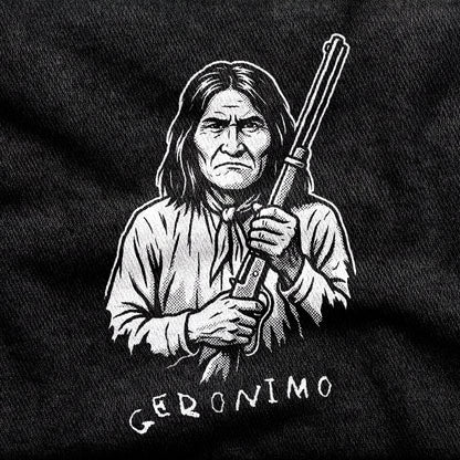 Geronimo design printed on a black cotton tee, close-up
